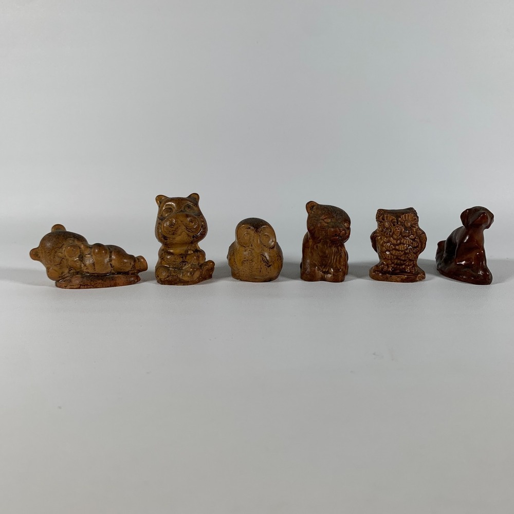 Miniature Brown Animal Figures Set of 6 Folk Art Owl Bear Dog Vintage